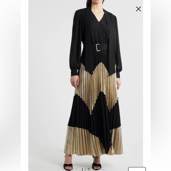 Elie TahariBlack and Gold Pleated Skirt Dress Sz 16
